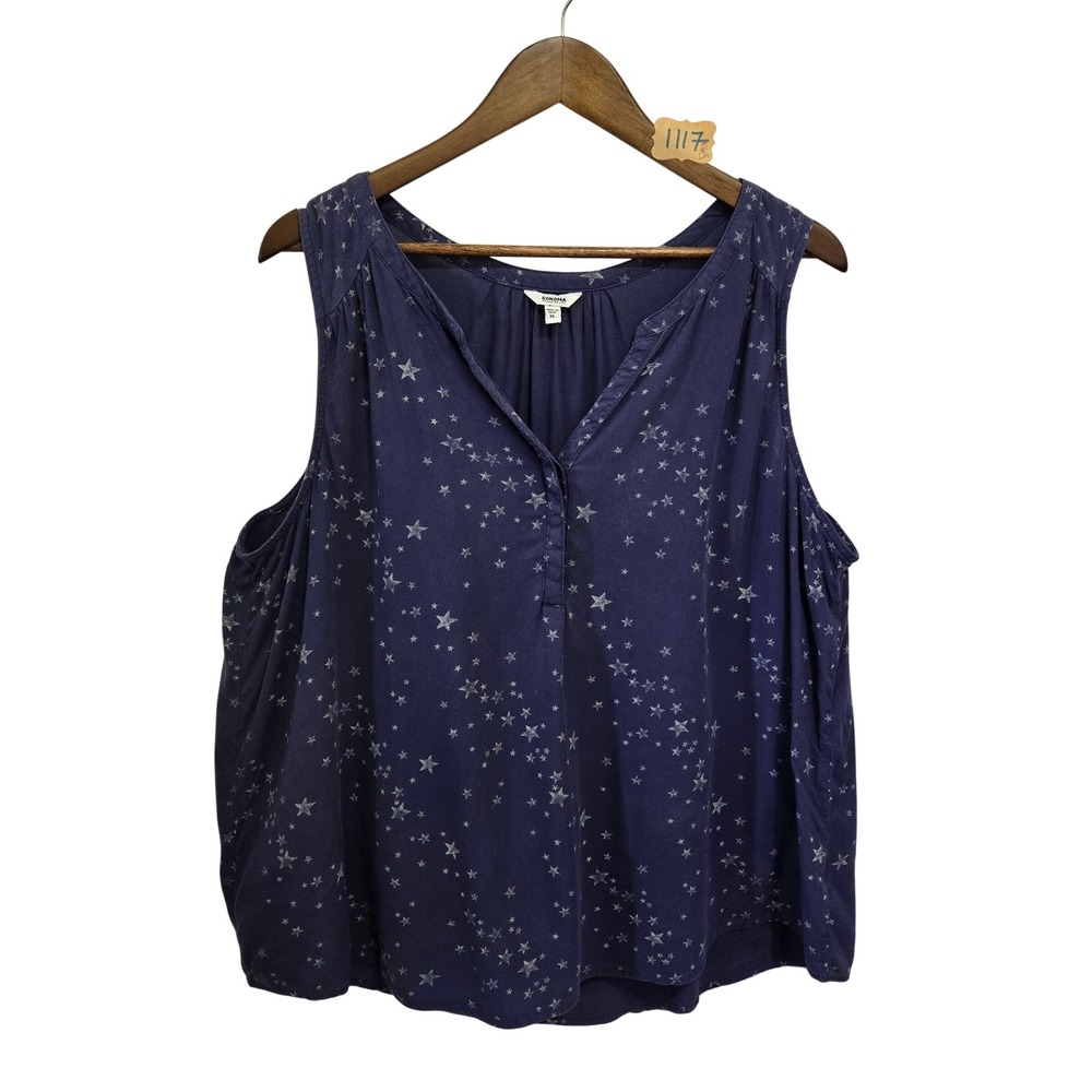Sonoma Goods For Life Navy Blue Star Print Sleeveless Rayon Blouse XL RN73277